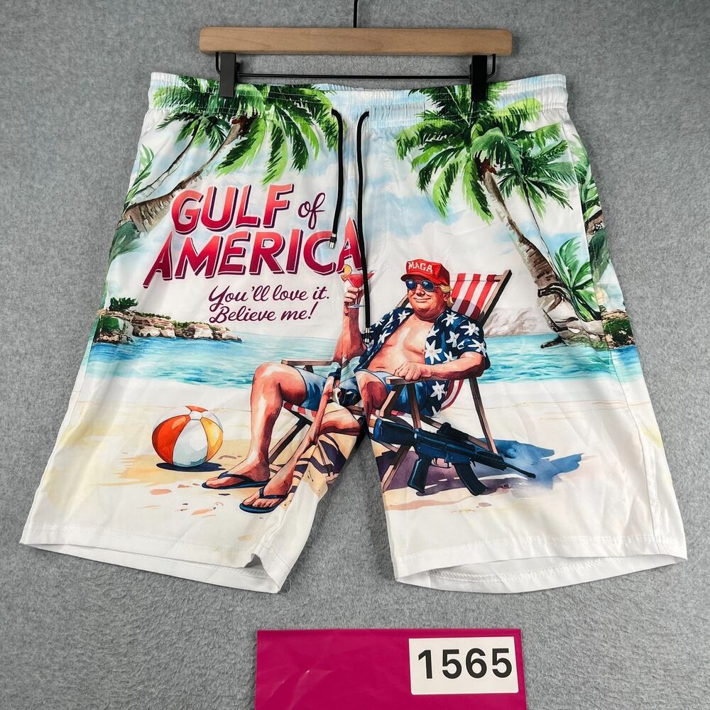 Donald Trump Gulf Of America Print Swim Trunks Mens Board Shorts XL Pockets